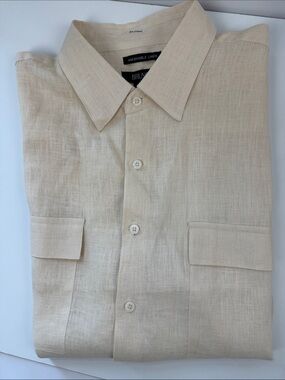Bruno Magli Light Beige Washable Linen Button-Down Shirt